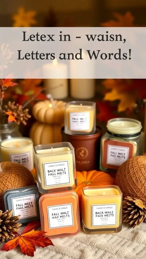 23+ Creative Fall Crafts to Sell This Season 15 An assortment of hand-poured soy wax melts in fall scents, displayed with pumpkins and autumn leaves.