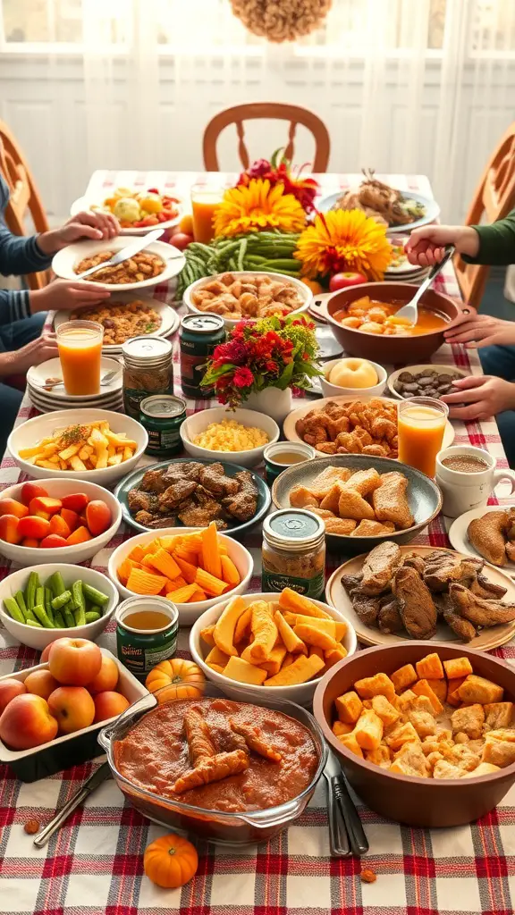 19+ Unique Fall Birthday Party Ideas for an Unforgettable Celebration 6 A table filled with a variety of dishes for a potluck feast, featuring colorful fruits, vegetables, and desserts.
