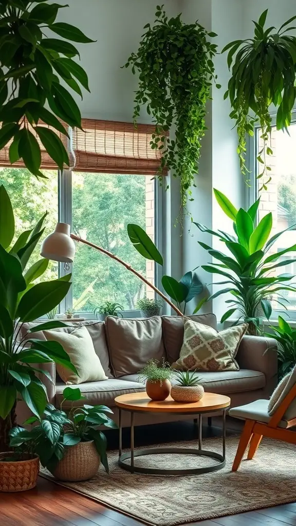 27+ Stunning Pottery Barn Living Room Ideas You’ll Love 16 A cozy living room filled with various indoor plants, including hanging plants and potted plants, creating a fresh and inviting atmosphere.