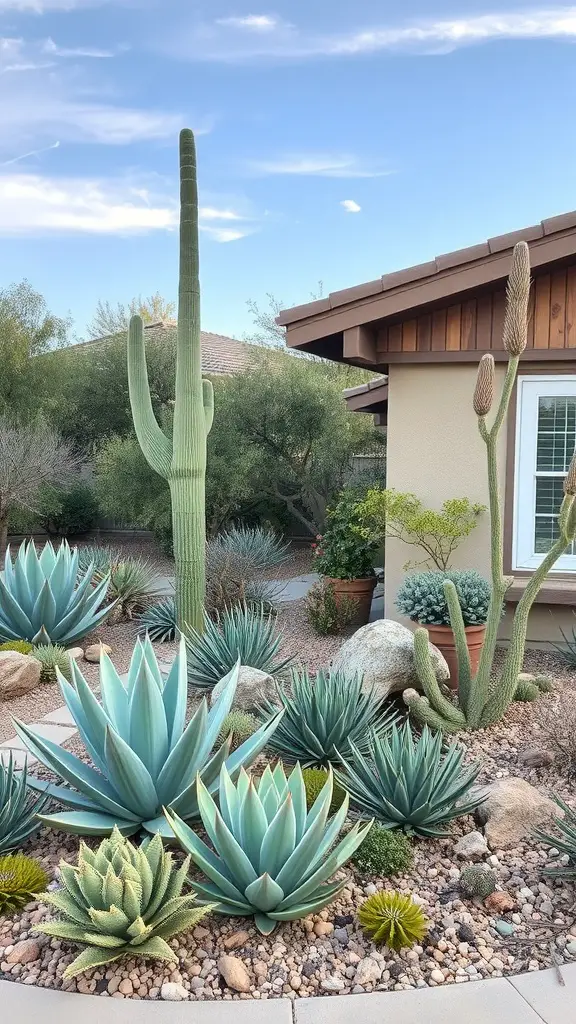 25+ Stunning Desert Landscaping Ideas for Your Front Yard 9 Desert landscaping featuring various cacti and agave plants in a front yard.