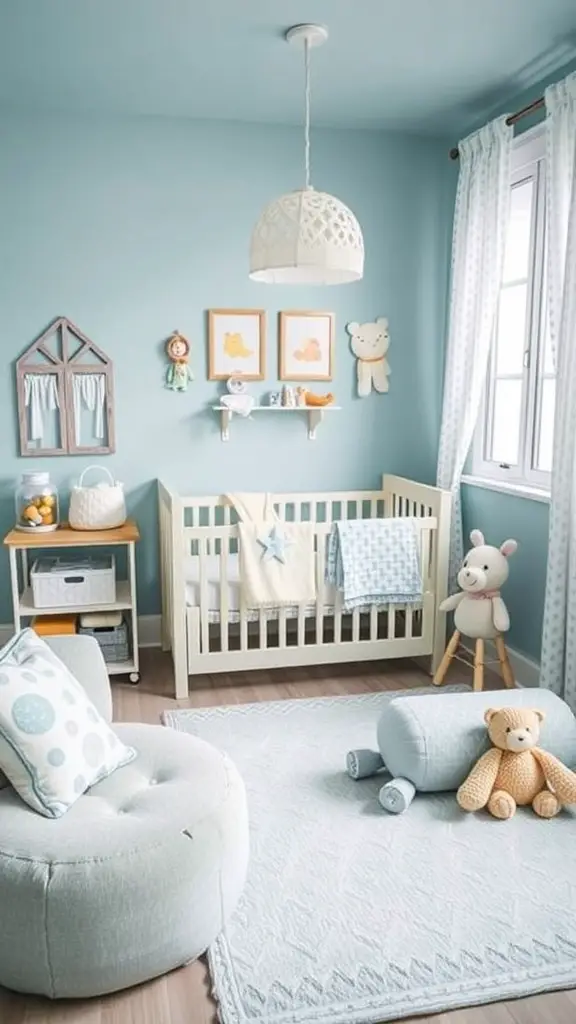 23+ Stunning Dusty Blue Bedroom Ideas to Transform Your Space 13 A cozy dusty blue bedroom with a gallery wall of framed photos, a neatly made bed, and warm lighting.