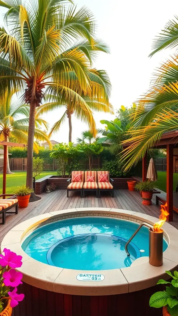 23+ Stunning Hot Tub Deck Designs to Elevate Your Outdoor Oasis 11 A tropical-themed hot tub deck with palm trees, vibrant flowers, and a cozy seating area.