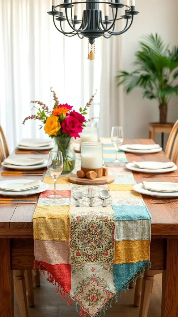 25+ Gorgeous Backyard Engagement Party Decorations You Need to Try 10 A colorful patchwork table runner on a wooden table, adorned with flowers and tableware.