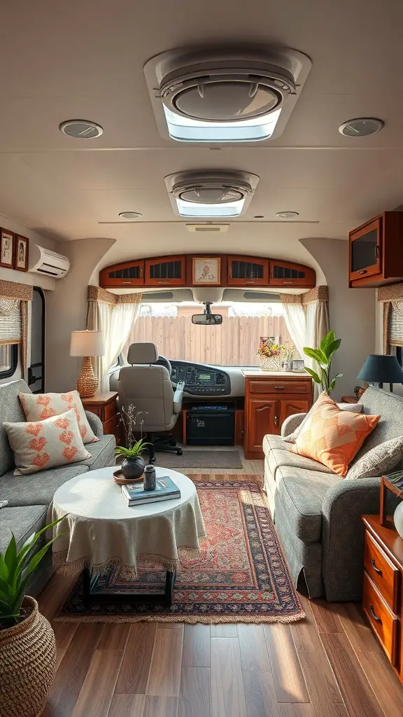 23+ Cozy RV Living Room Ideas for Ultimate Comfort 5 Cozy RV living room with comfortable seating, plants, and a decorative rug.