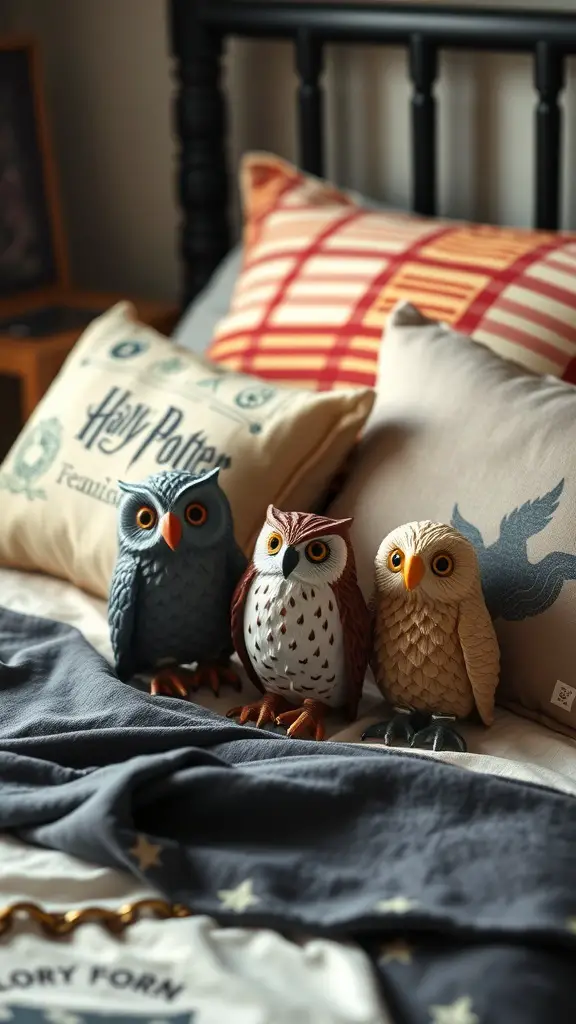 27+ Magical Harry Potter Room Decor Ideas for Every Fan 8 Three decorative owl figurines on a bed with Harry Potter-themed pillows.
