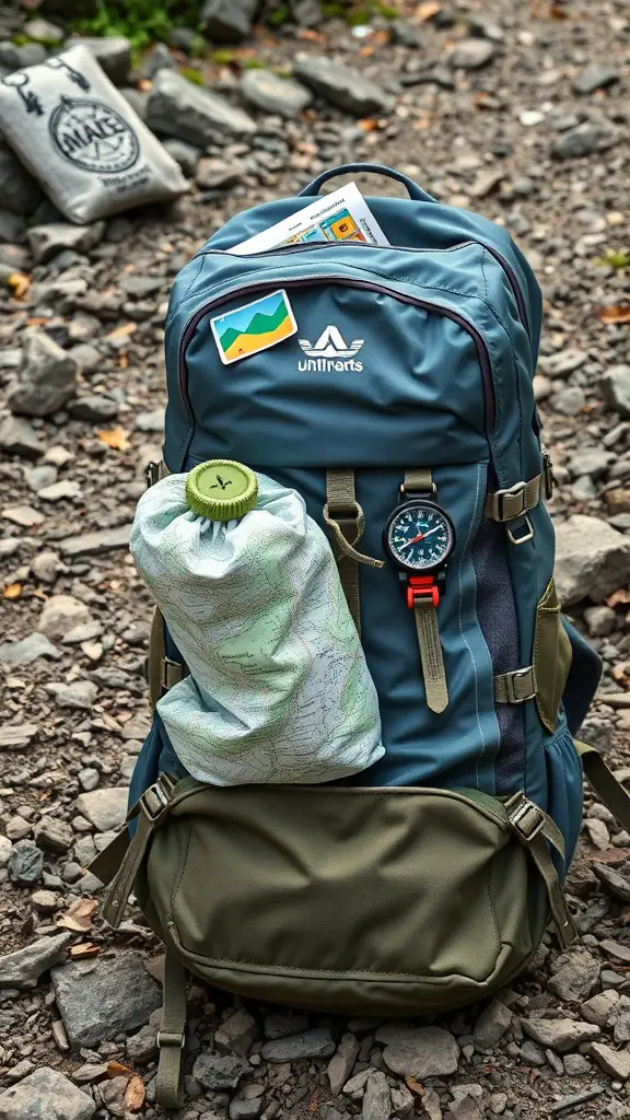 A blue hiking backpack with a water bottle, map, and compass, placed on rocky terrain.