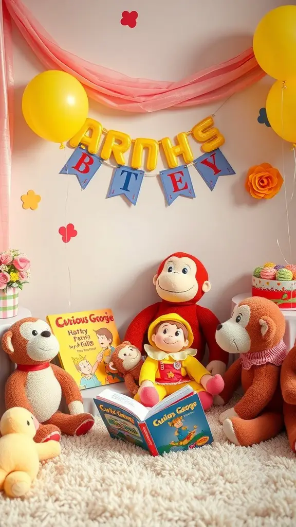 23+ Creative Curious George Birthday Party Ideas for a Fun Celebration 4 A cozy storytime corner decorated for a Curious George birthday party, featuring plush toys, books, and colorful decorations.