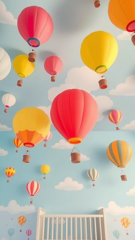 27+ Whimsical Baby Nursery Ideas for a Dreamy Space 2 A nursery with colorful hot air balloons on the ceiling and a white crib below.