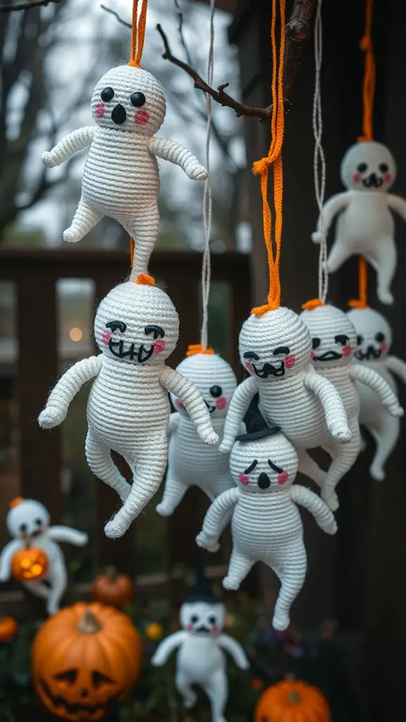 23+ Spooktacular Halloween Crochet Ideas You Need to Try 6 A collection of cute crochet ghosts hanging on orange strings, with pumpkins in the background.