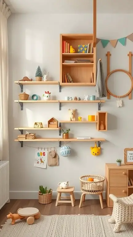 31+ Creative Small Nursery Ideas for Space-Saving Solutions 8 A small nursery with vertical shelves displaying toys and books, creating a playful and organized space.
