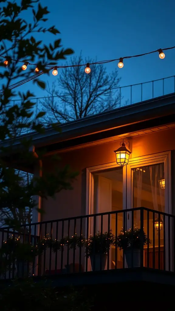 23+ Stylish Apartment Balcony Ideas for Your Outdoor Oasis 11 A balcony with string lights and potted plants at dusk