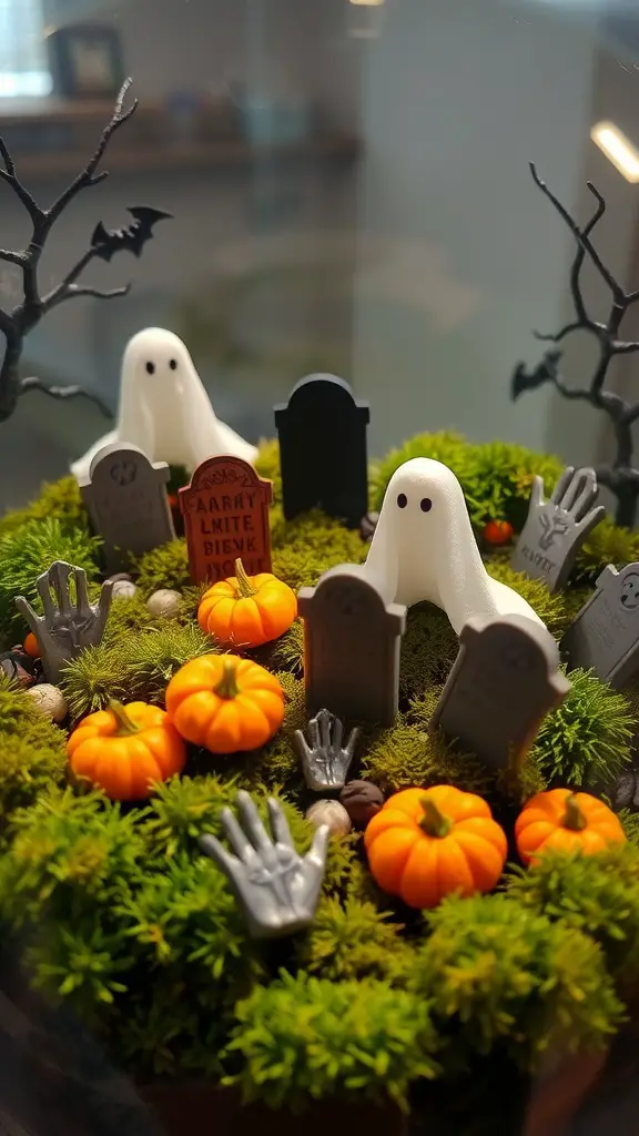 21+ Spooky and Creative Halloween Crafts for Adults 5 A spooky terrarium featuring ghosts, pumpkins, and gravestones.