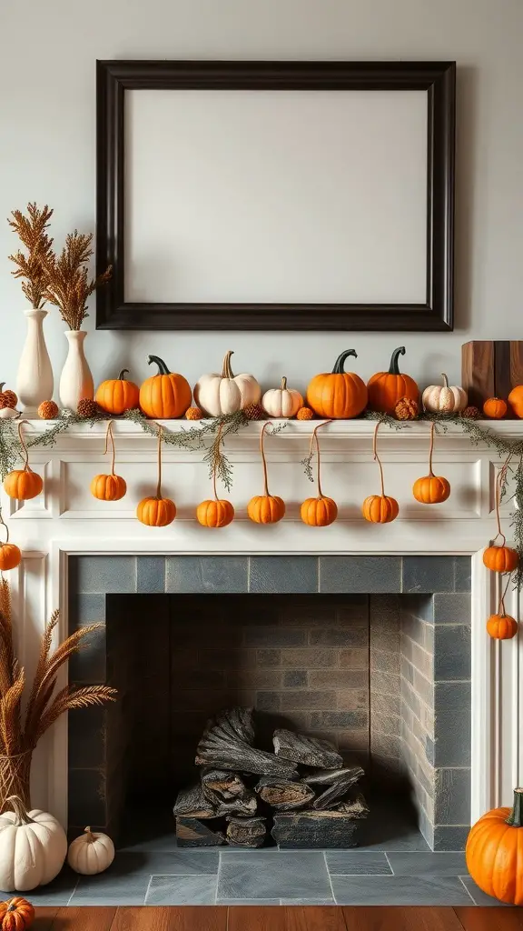 25+ Unique Fall Pumpkin Crafts to Try This Season 16 A cozy mantel decorated with a pumpkin garland, featuring small orange and white pumpkins, dried flowers, and a blank picture frame.