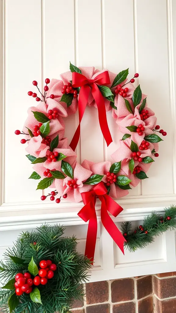 A pink Christmas wreath with red berries and a red bow