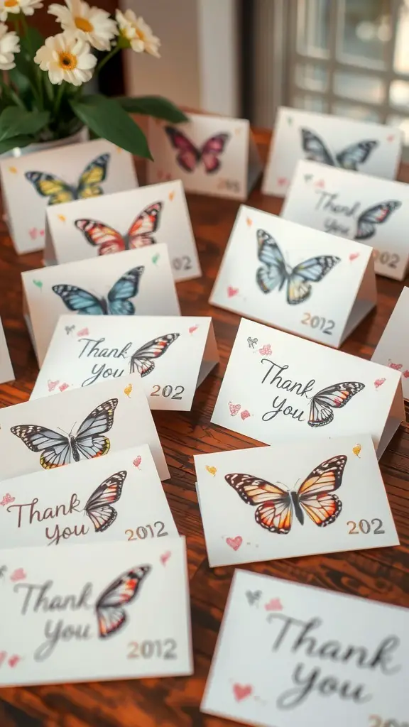 A collection of butterfly-themed thank you cards displayed on a wooden table.