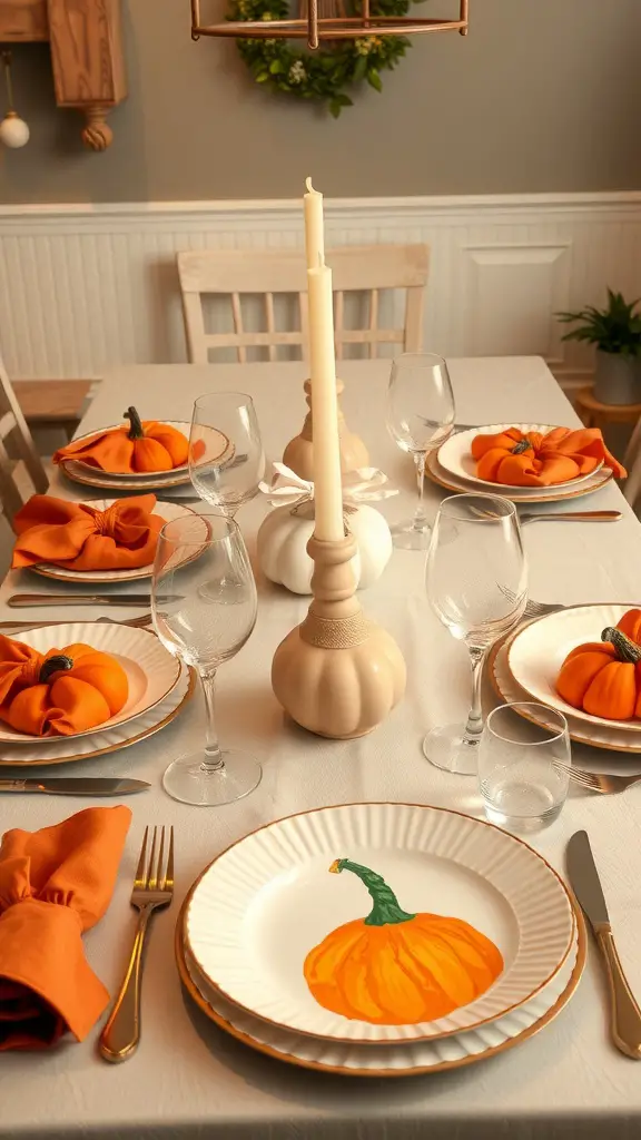 25+ Unique Fall Pumpkin Crafts to Try This Season 13 A beautifully arranged pumpkin-themed table setting with orange pumpkins, elegant plates, and a candle centerpiece.