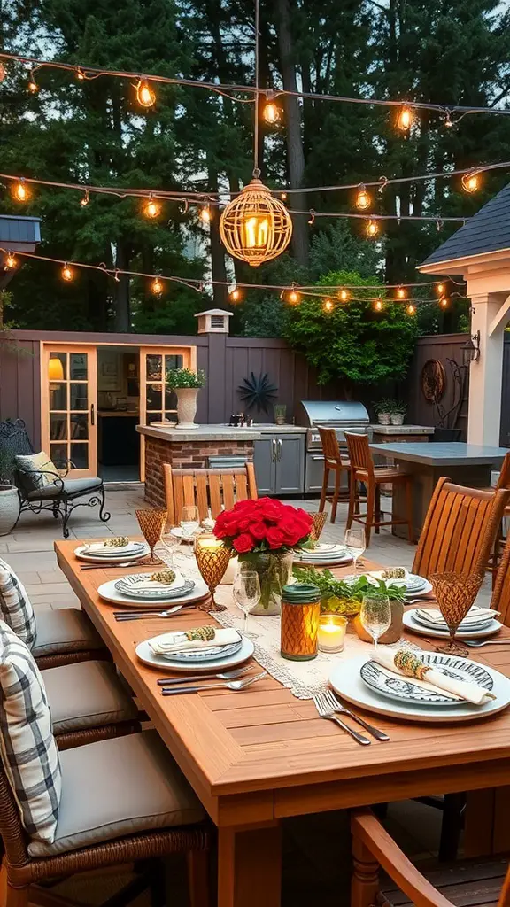 23+ Inspiring Backyard Kitchen Ideas to Elevate Your Outdoor Cooking Experience 7 Cozy backyard dining area with wooden table, comfortable chairs, and string lights.