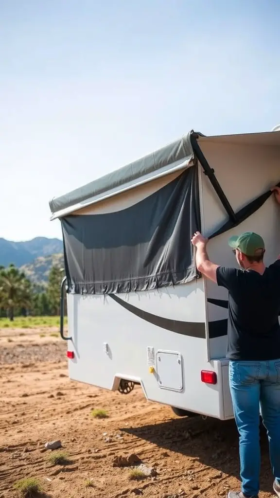 15+ Stylish RV Covers with Deck Designs to Elevate Your Outdoor Space 7 A person installing a cover on an RV in a scenic outdoor setting.