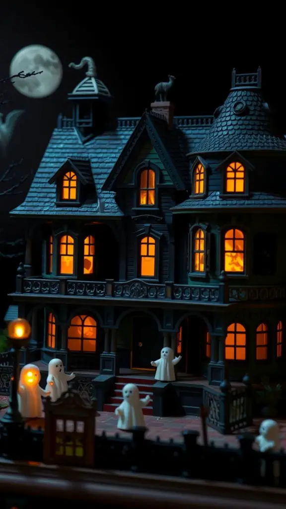 21+ Spooky and Creative Halloween Crafts for Adults 6 A spooky miniature haunted house with glowing windows and ghost figures.