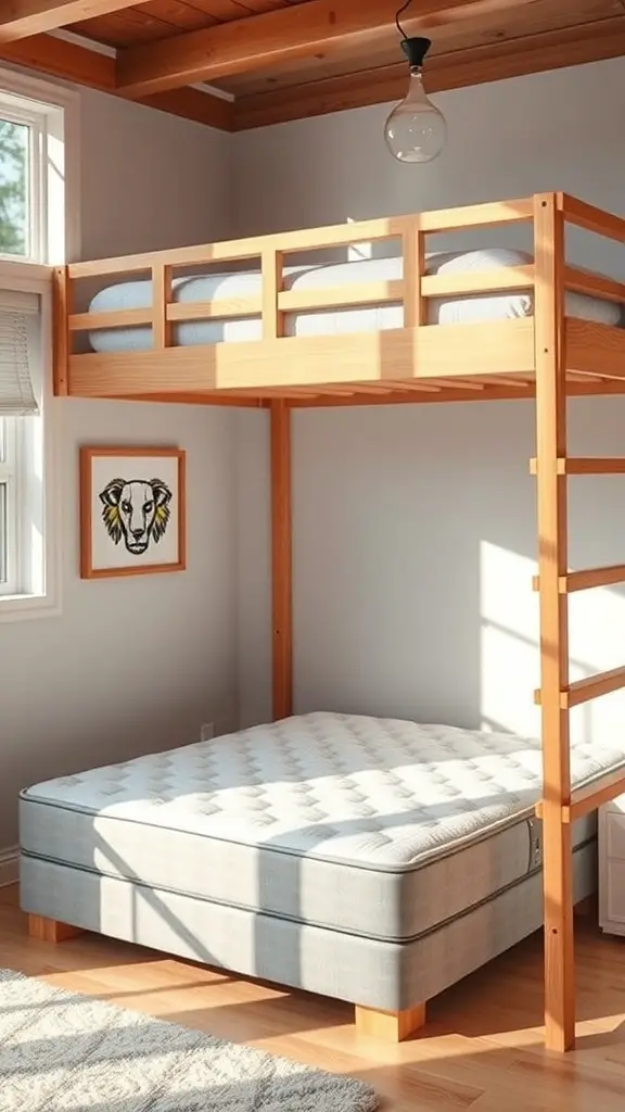 A cozy loft bed with a wooden frame and a comfortable mattress on top, showcasing a modern bedroom design.