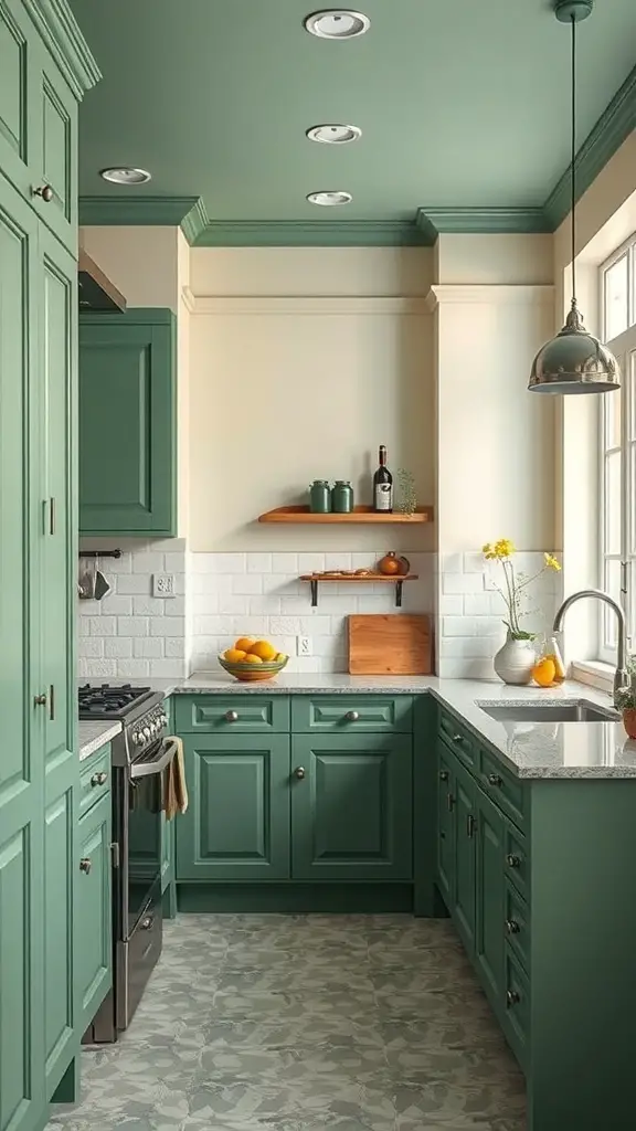 15+ Stunning Green Kitchen Designs You’ll Love 5 A kitchen featuring muted green cabinets and a green ceiling, with natural light illuminating the space.