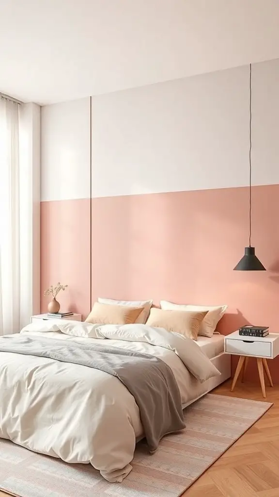 27+ Stunning Beige and Pink Bedroom Ideas for a Cozy Retreat 10 A beige and pink color block feature wall in a cozy bedroom setting.