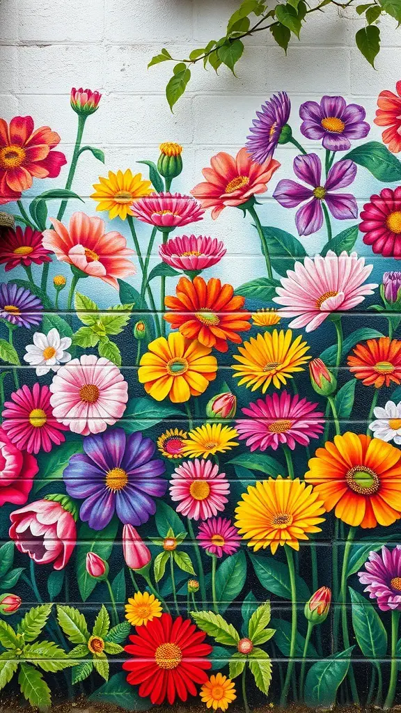 23+ Stunning Garden Mural Ideas to Transform Your Outdoor Space 9 A colorful mural featuring a variety of flowers in bright shades, including daisies, tulips, and gerbera daisies, set against a green backdrop.