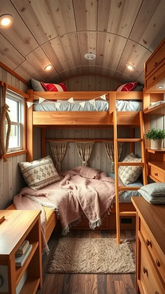 23 Creative Camper Bunk Bed Ideas for Your Next Adventure 8 A cozy camper interior featuring rustic wooden bunk beds with soft blankets and pillows.