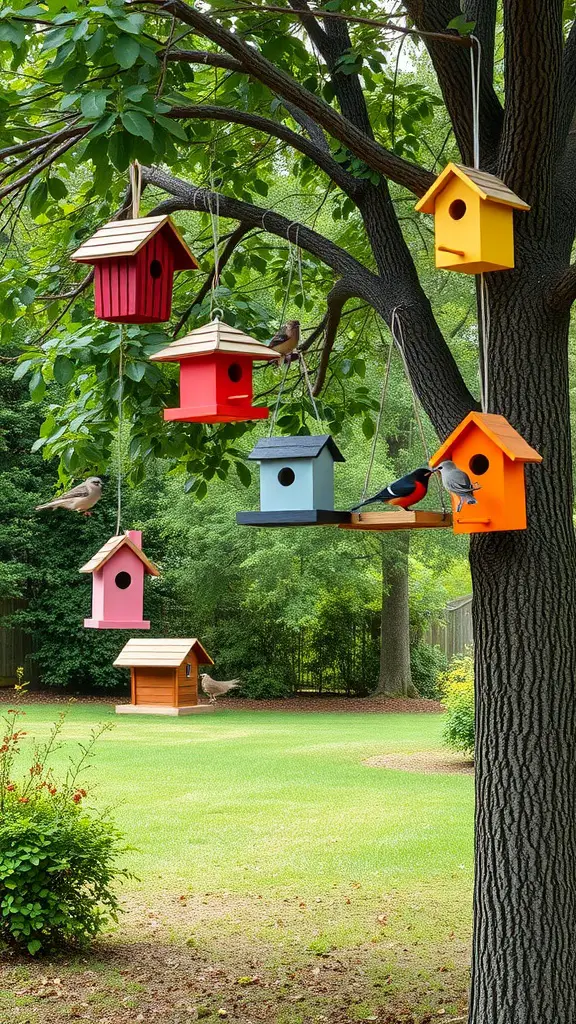 23+ Enchanting Cottage Core Backyard Ideas to Transform Your Outdoor Space 10 Colorful birdhouses hanging from a tree in a backyard
