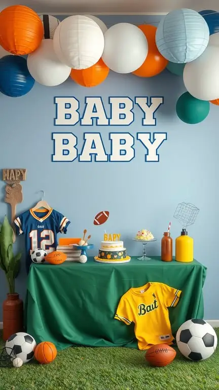 19+ Creative Baby Shower Themes to Celebrate February Babies 13 A vibrant sports-themed baby shower setup with decorations, a cake, and sports equipment.