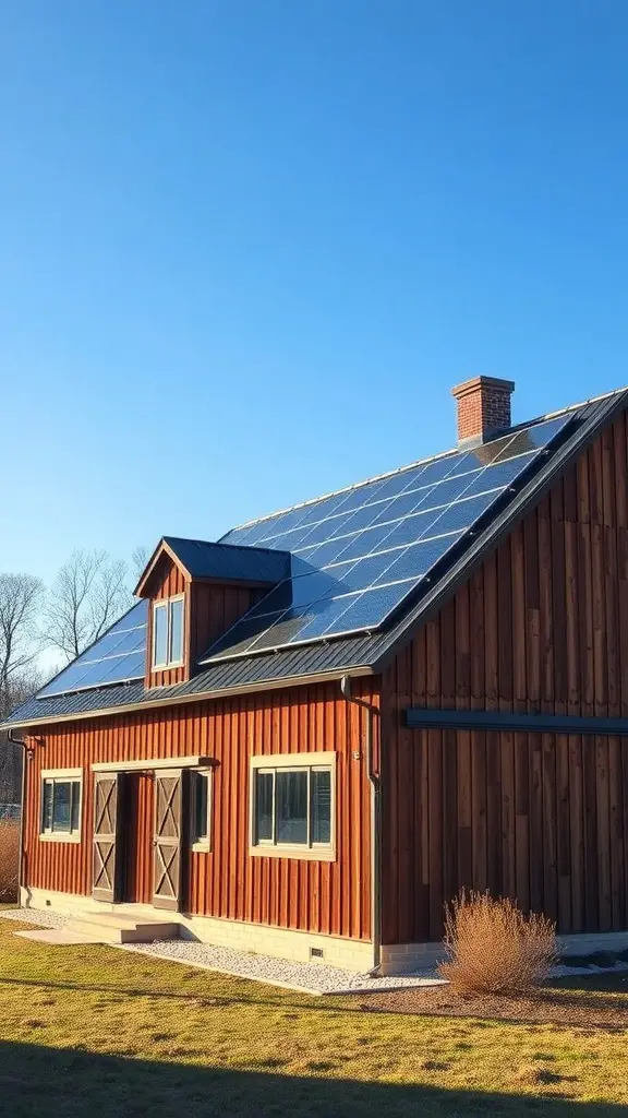 19+ Charming Barndominium Ideas for Cozy Living 6 A small barndominium with solar panels on the roof and a wooden exterior, showcasing energy-efficient design features.