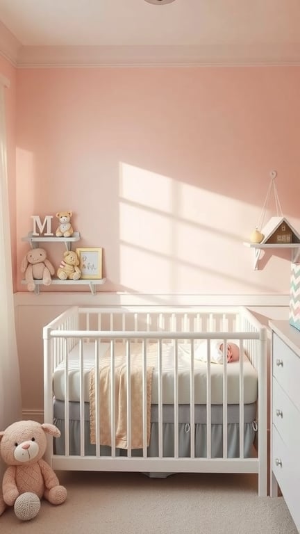 25+ Adorable Newborn Room Ideas to Inspire Your Nursery Design 2 A cozy newborn room with soft pastel pink walls, a white crib, and a plush teddy bear.