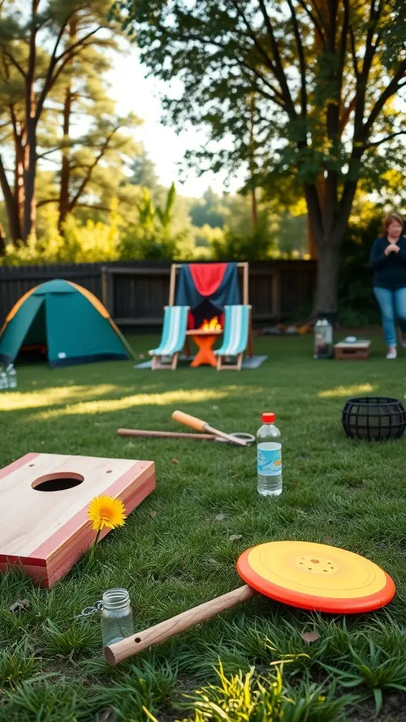 A group of children and adults playing games in a sunny backyard, with a camper in the background.