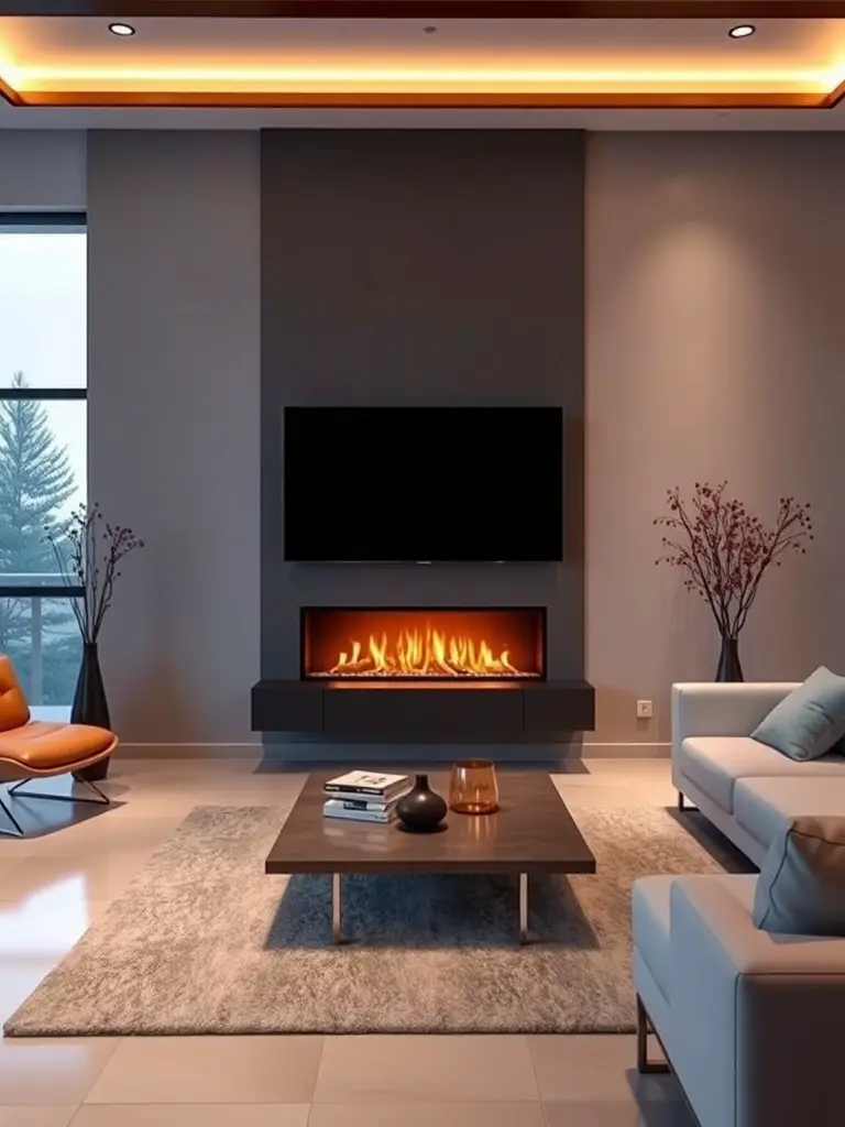 21+ Stunning Electric Fireplace Wall Ideas to Transform Your Space 17 Modern living room featuring a floating electric fireplace with LED lighting, stylish furniture, and a cozy atmosphere.