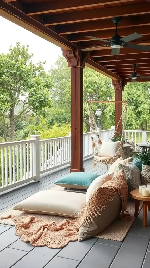 19+ Stunning Decks with Patios Underneath for Your Outdoor Oasis 15 A cozy deck area with cushions, blankets, and a hammock, surrounded by greenery.