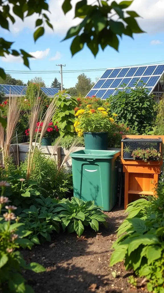 A vibrant garden nursery with solar panels, colorful flowers, and a green compost bin.