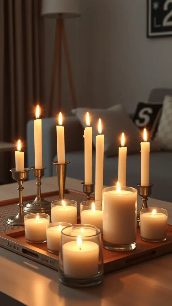 31+ Magical Decor Ideas for a Witchy Living Room 14 A cozy candle display featuring various candles in different holders, creating a warm atmosphere.