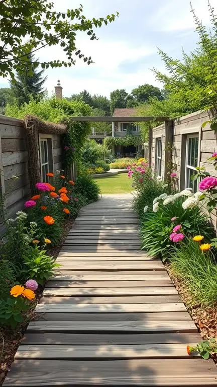 21+ Creative Pallet Garden Ideas You Need to Try 14 A wooden pallet pathway surrounded by colorful flowers in a garden.