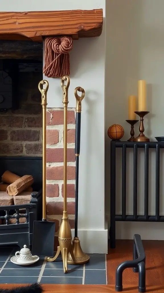 23+ Stunning Farmhouse Fireplace Decor Ideas to Transform Your Home 14 A stylish farmhouse fireplace with gold tools, a brick backdrop, and cozy decor elements.