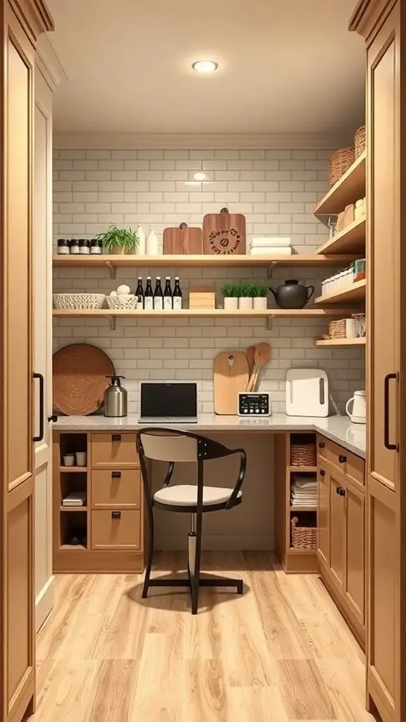 17+ Creative L Shaped Pantry Ideas for Your Kitchen 12 A well-organized pantry with a workspace, featuring shelves, a desk, and a chair.