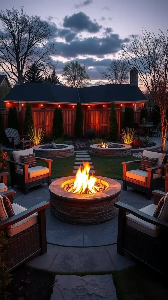 25+ Inspiring Hardscape Backyard Ideas for Your Outdoor Oasis 8 A cozy backyard fire pit surrounded by comfortable chairs, with evening lighting and greenery.