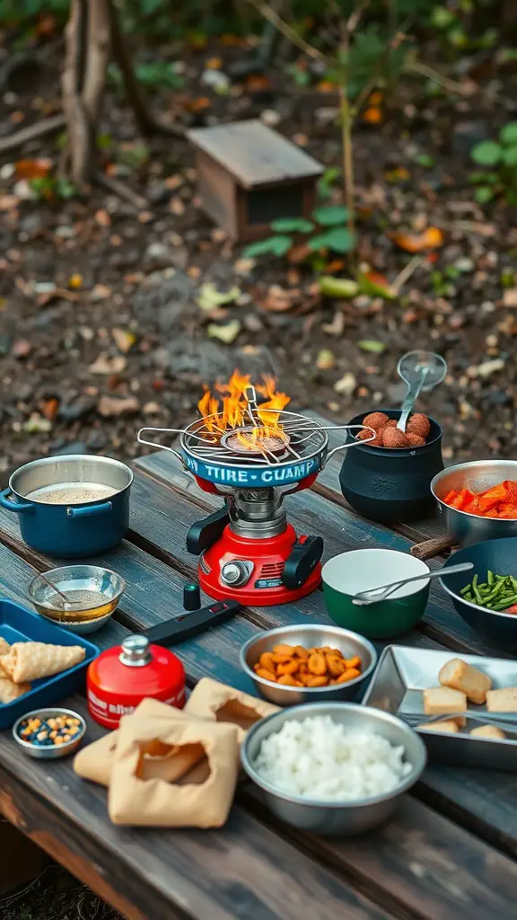 25+ Creative Tent Camping Setup Ideas for Your Next Adventure 5 A vibrant camping cooking setup with a portable stove, flames, and various ingredients laid out on a wooden table.