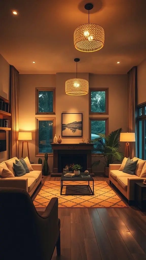 A cozy living room with warm lighting fixtures, featuring two pendant lights and comfortable seating.