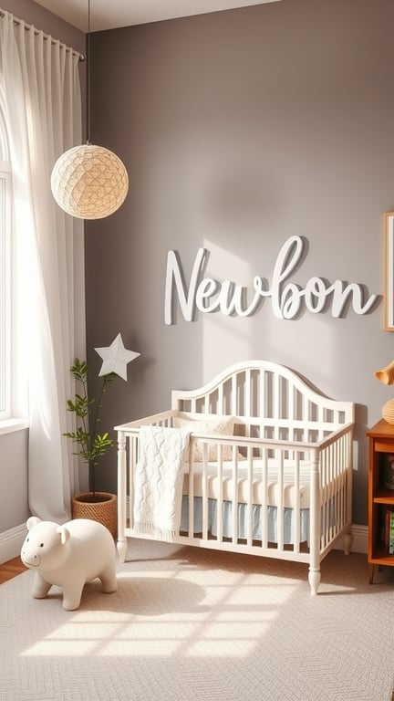 25+ Adorable Newborn Room Ideas to Inspire Your Nursery Design 12 A cozy newborn room featuring personalized name decor with the name 'Newbon' on the wall, a crib, and a playful bear.
