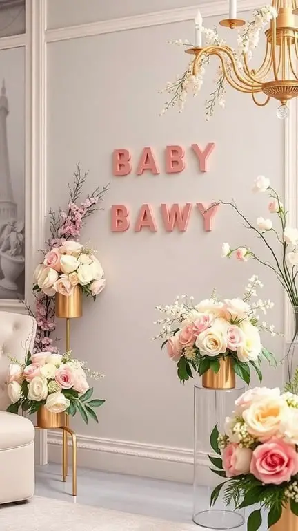 23+ Unique January Baby Shower Themes You’ll Love 11 A beautifully decorated baby shower space with floral arrangements and playful lettering.