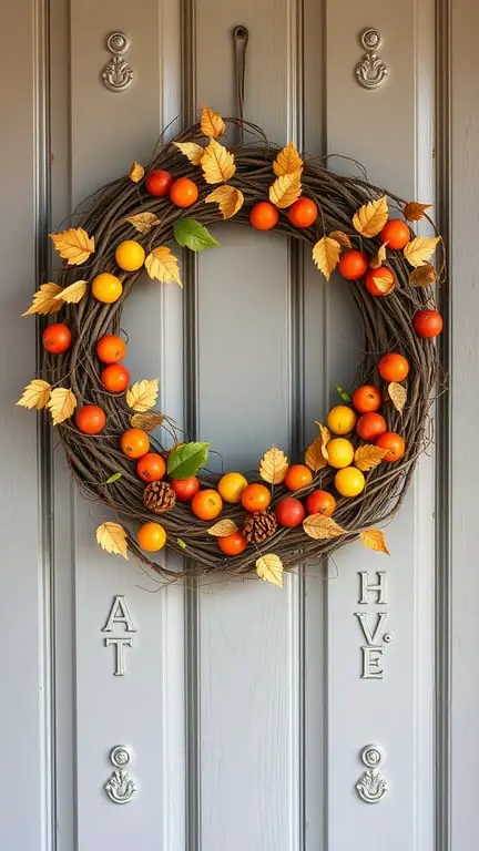 23+ Stunning Fall Wreath Ideas to Welcome the Season 5 A traditional grapevine wreath decorated with orange and yellow fruits and autumn leaves, hanging on a door.