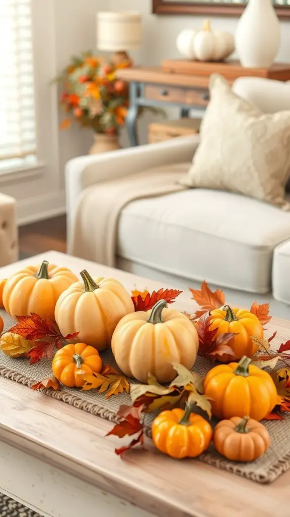 15 Creative Coffee Table Arrangement Ideas to Elevate Your Living Space 6 A cozy coffee table arrangement with pumpkins and autumn leaves