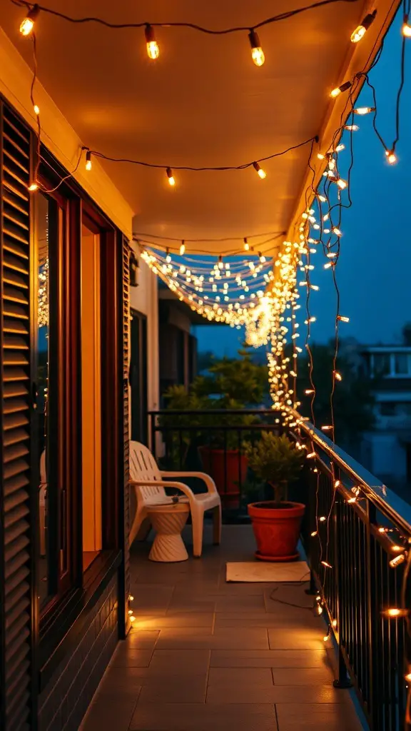 21+ Creative Balcony Privacy Ideas You’ll Love 12 A cozy balcony decorated with string lights, creating a warm and inviting atmosphere.