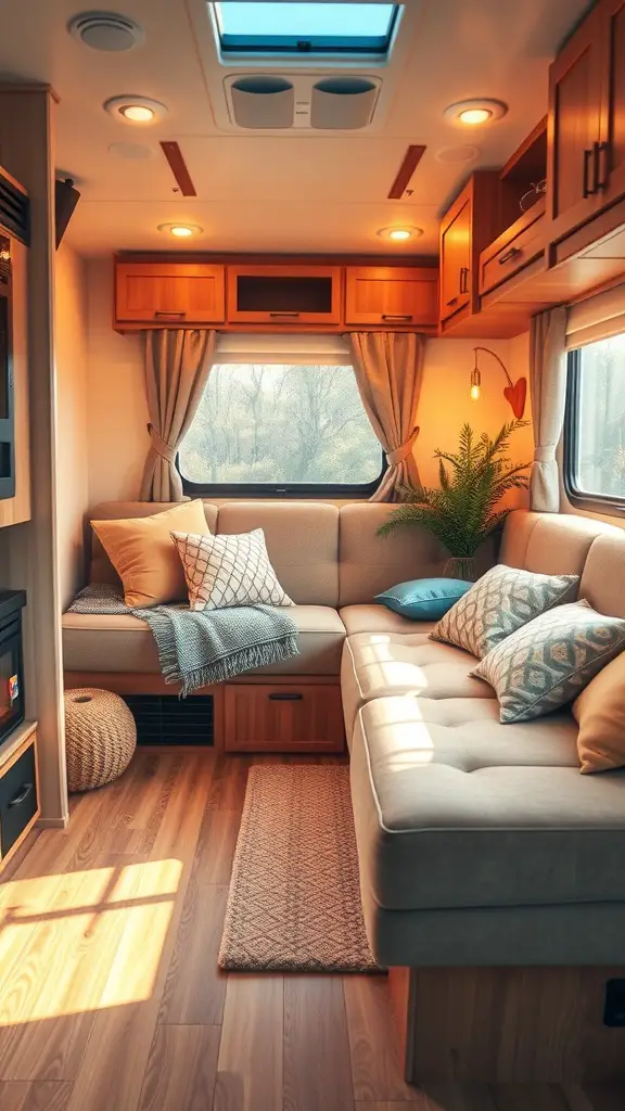 23+ Cozy RV Living Room Ideas for Ultimate Comfort 6 A cozy RV living room with soft seating, warm lighting, and decorative pillows.
