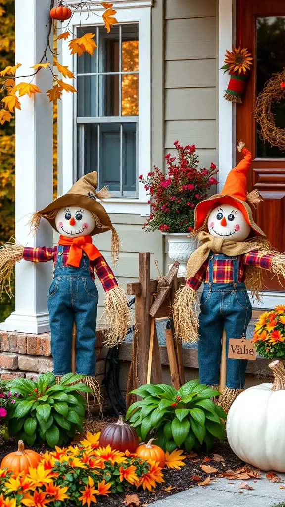 Two cheerful scarecrow figures on a porch with pumpkins and flowers